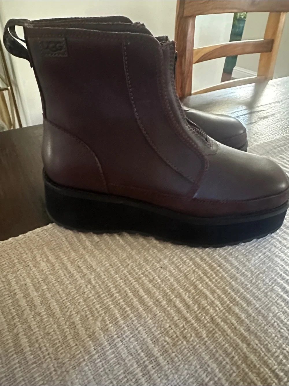 UGG Dark Brown Leather Platform Zip Booties with Black Sole